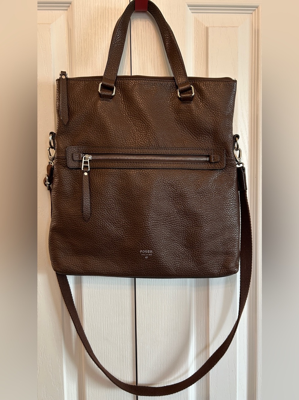 Fossil Dawson Fold-Over Pebbled Leather Convertible Crossbody Tote Brown EUC